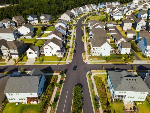 Aerial view of homes for sale in Wake Forest, NC, in the Holding Village community.